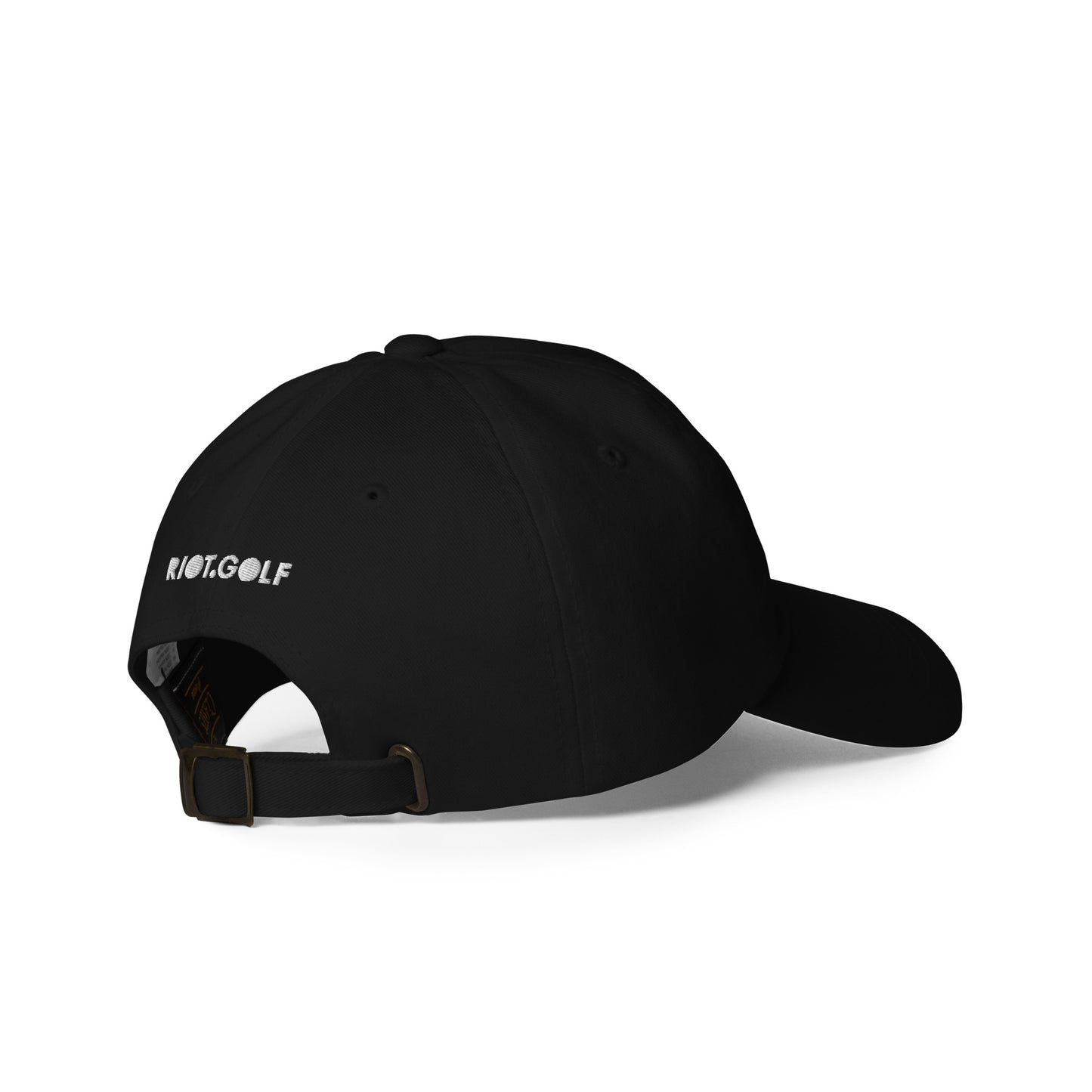 Cool golf hat with embroidered birdie and ball design back view in black