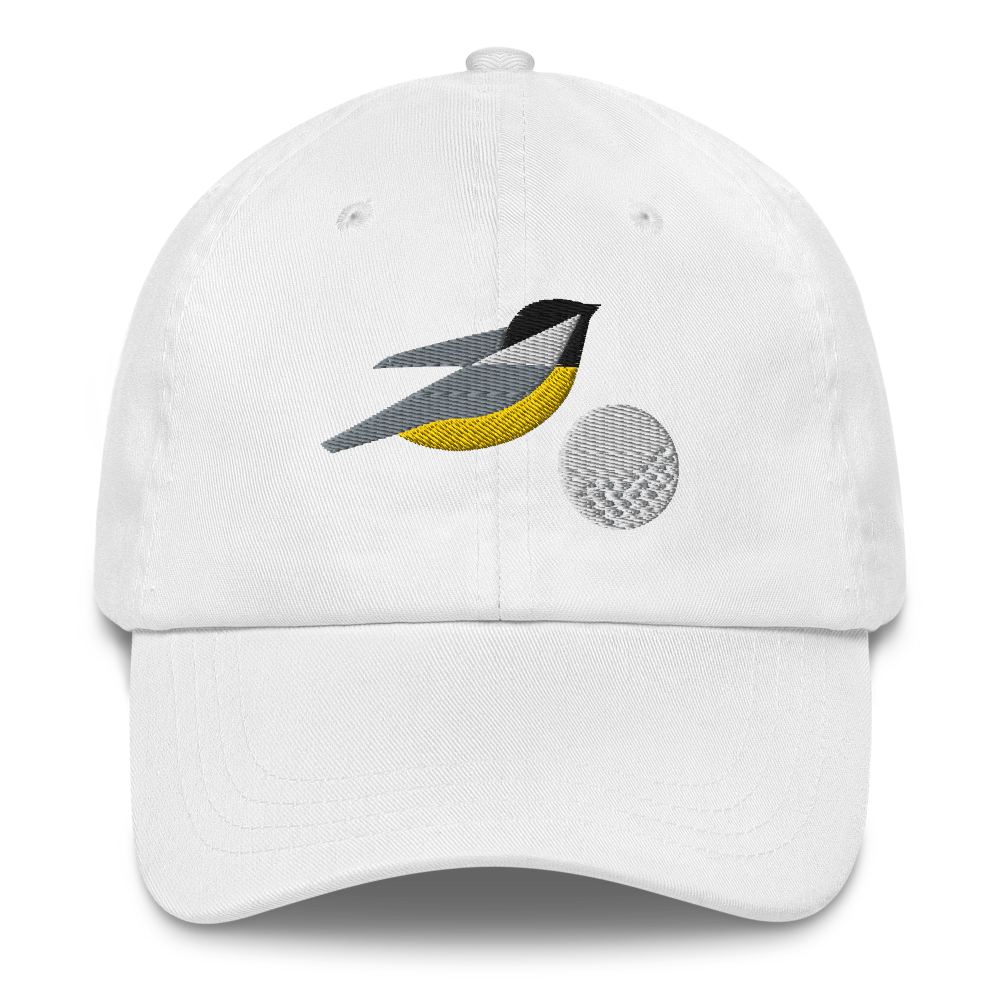 Cool golf hat with embroidered birdie and ball design in white