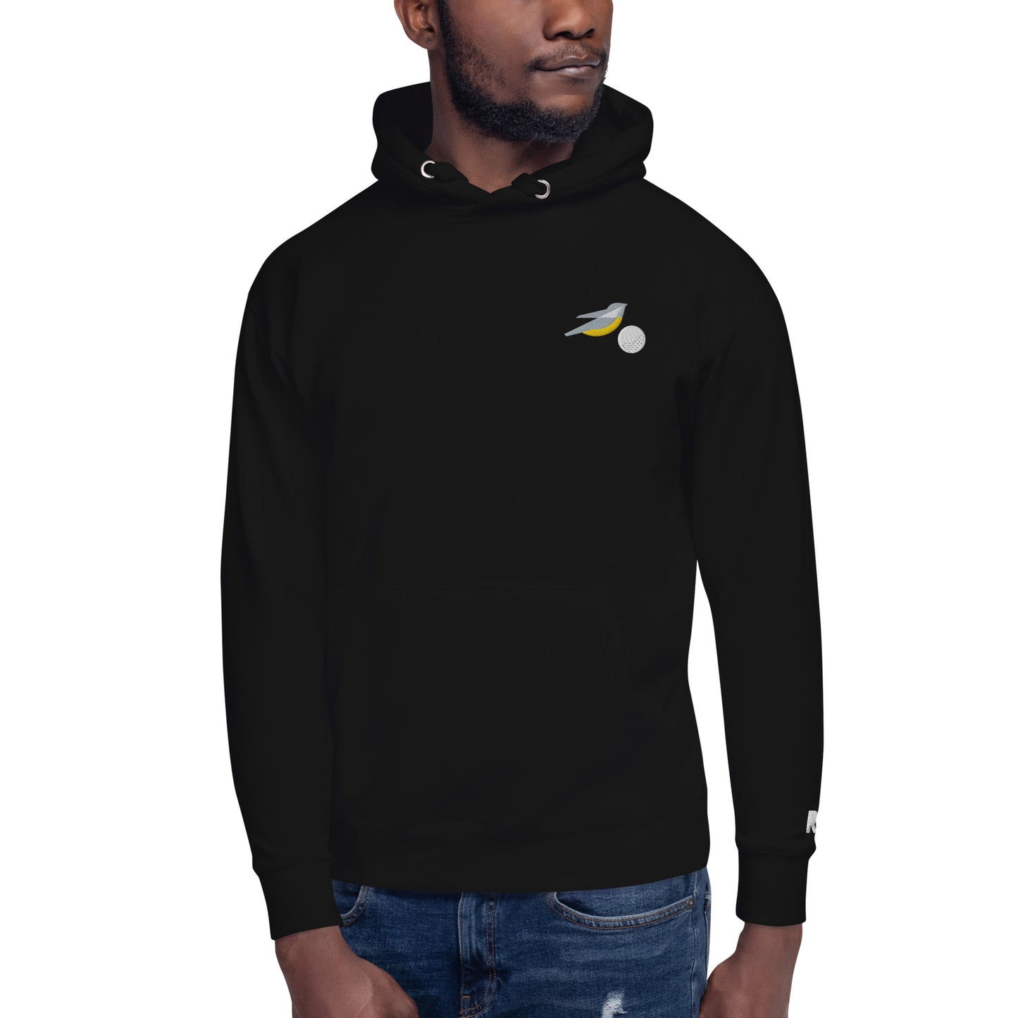 Lucky Birdie Golf Hoodie in black with embroidered birdie design unisex