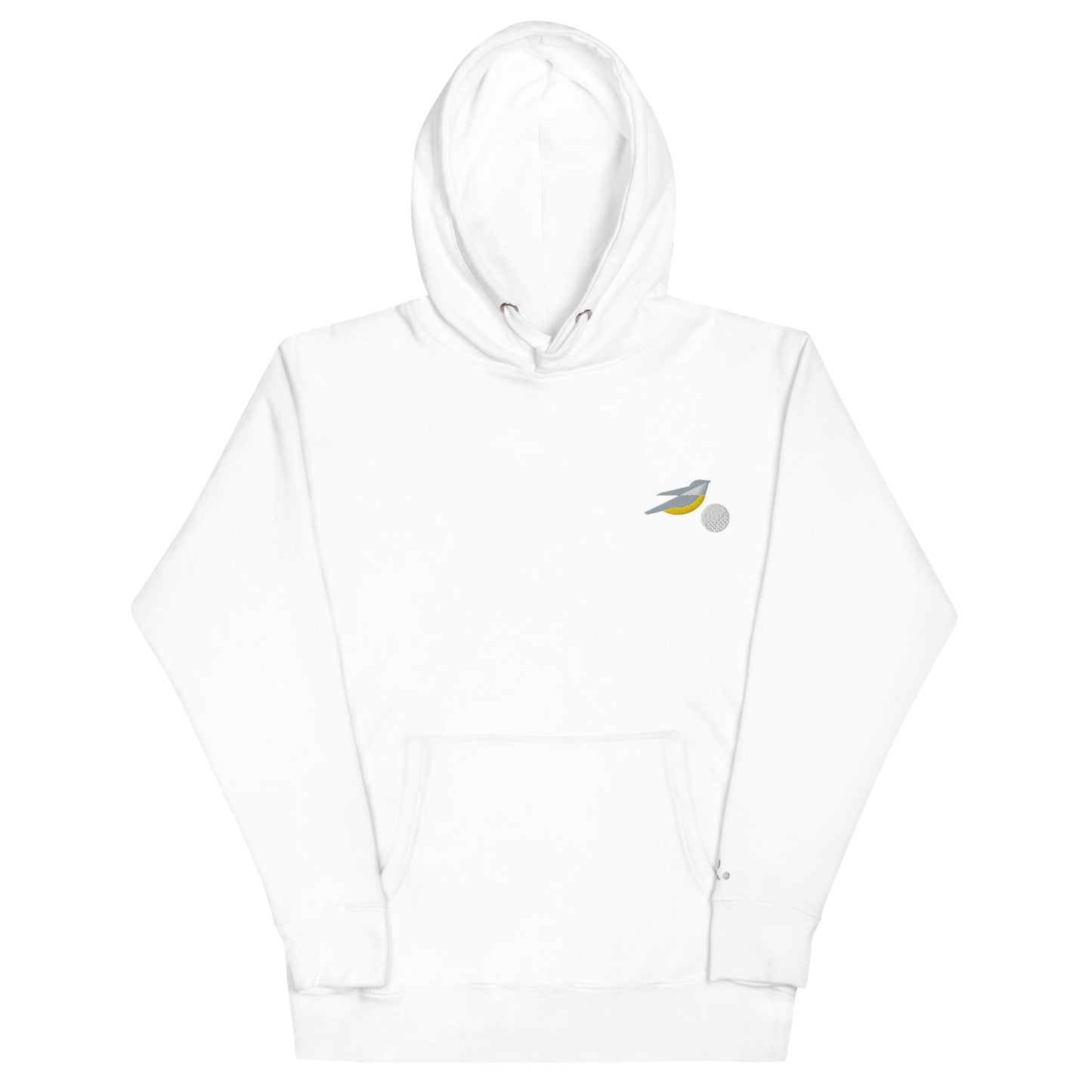 Lucky Birdie Golf Hoodie in white with embroidered birdie design unisex