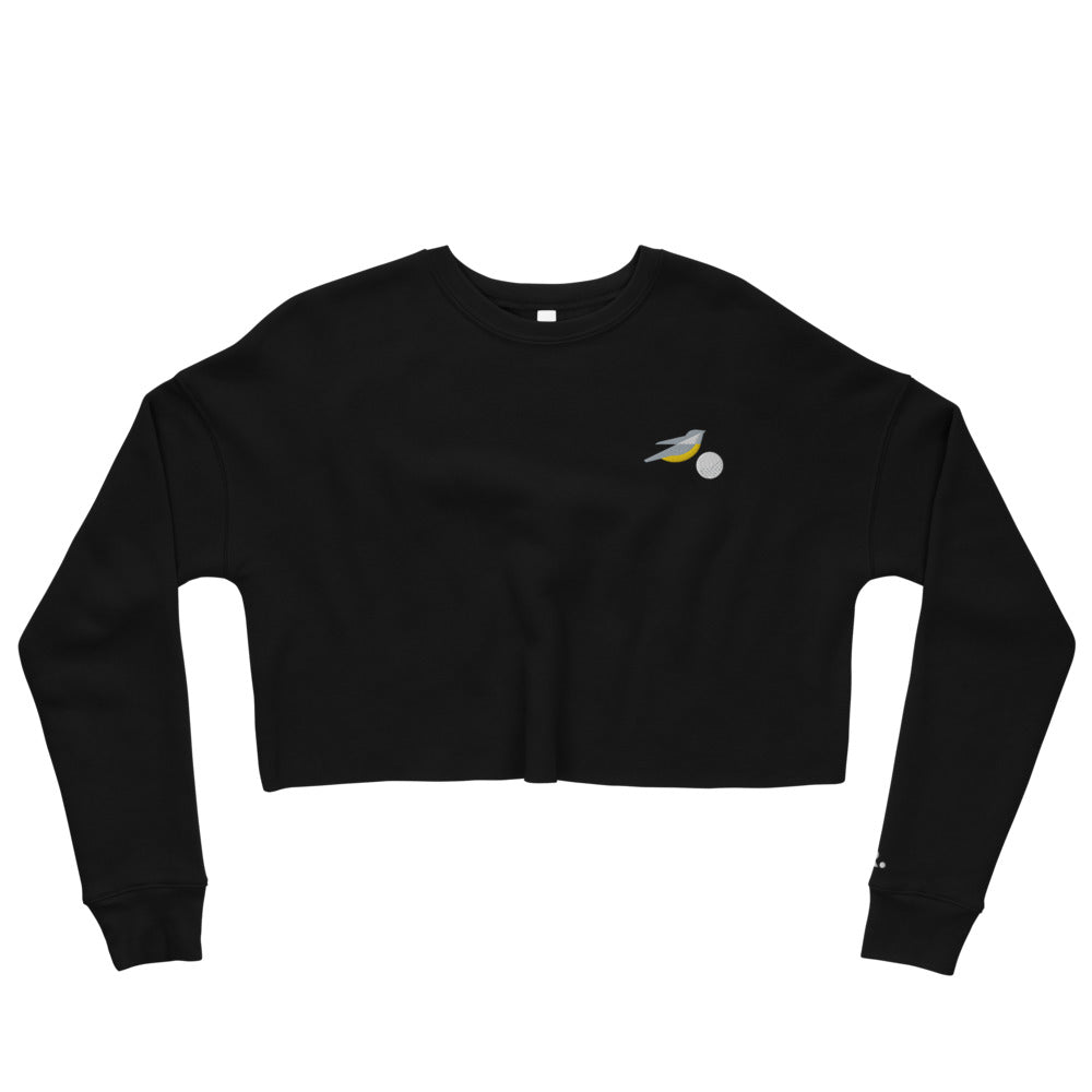 Womens cropped sweatshirt in black with embroidered birdie and ball design