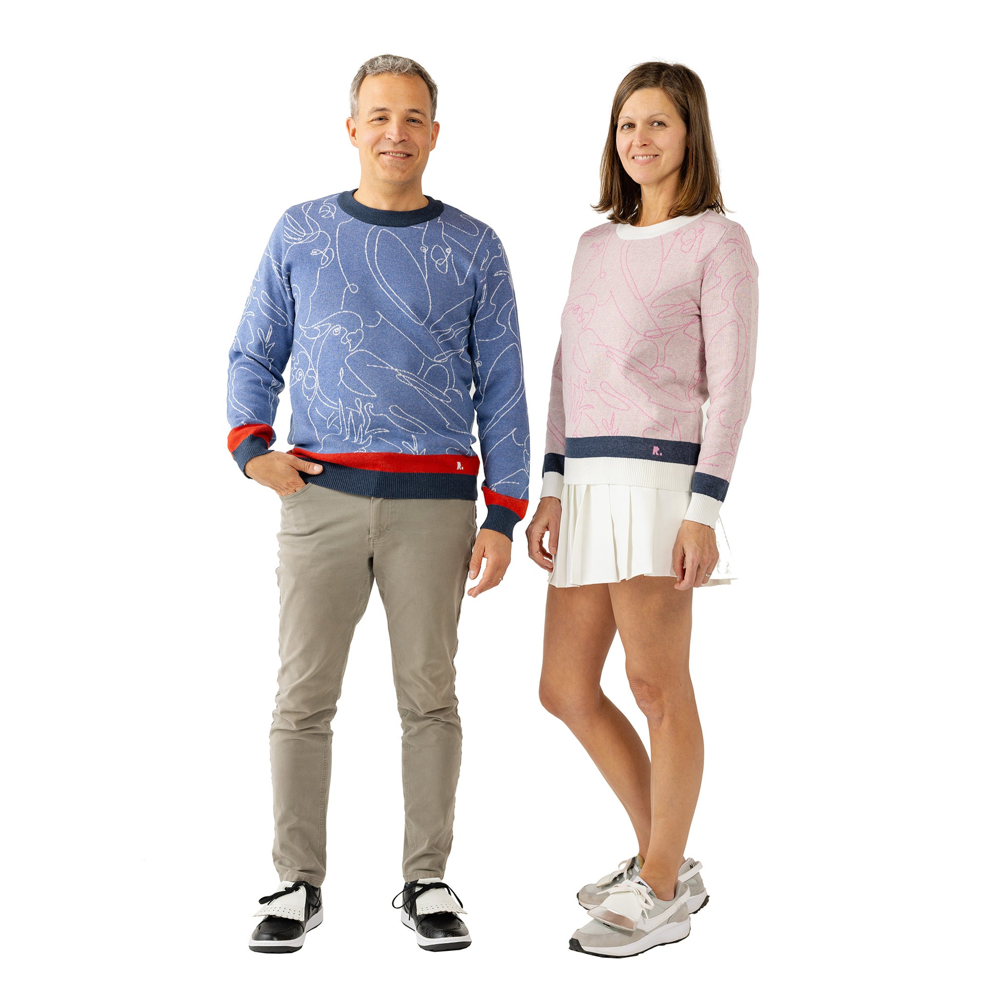 modern mens and womens golf sweaters in red/white/blue and pink/blue birdie print design unisex