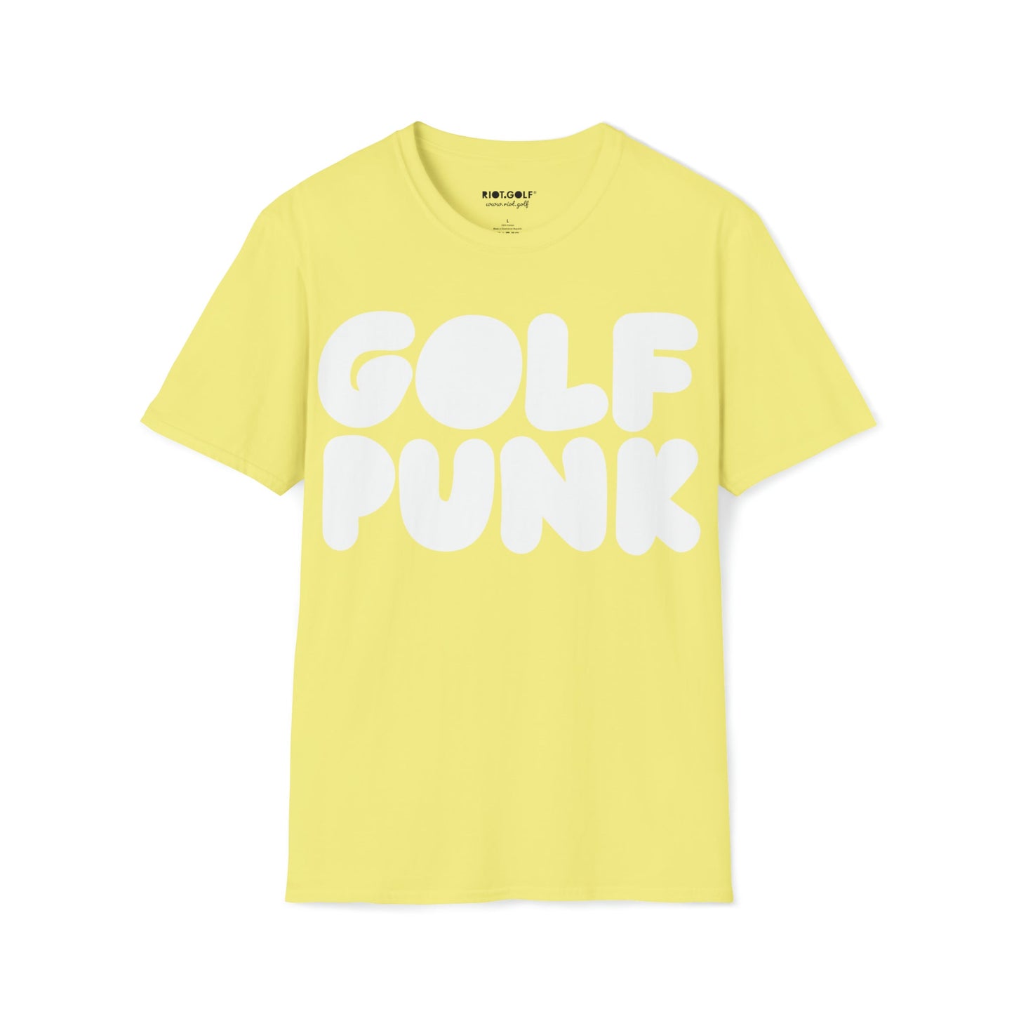Golf T shirt in cornsilk yellow with white golf punk graphics