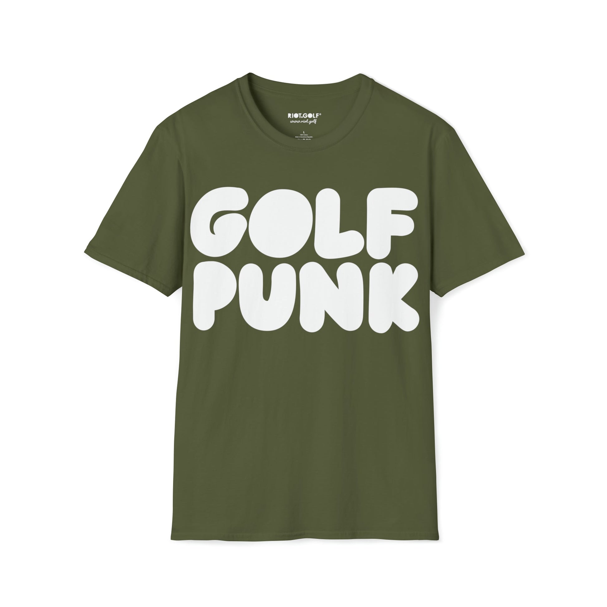 Golf T shirt in military green with white golf punk graphics