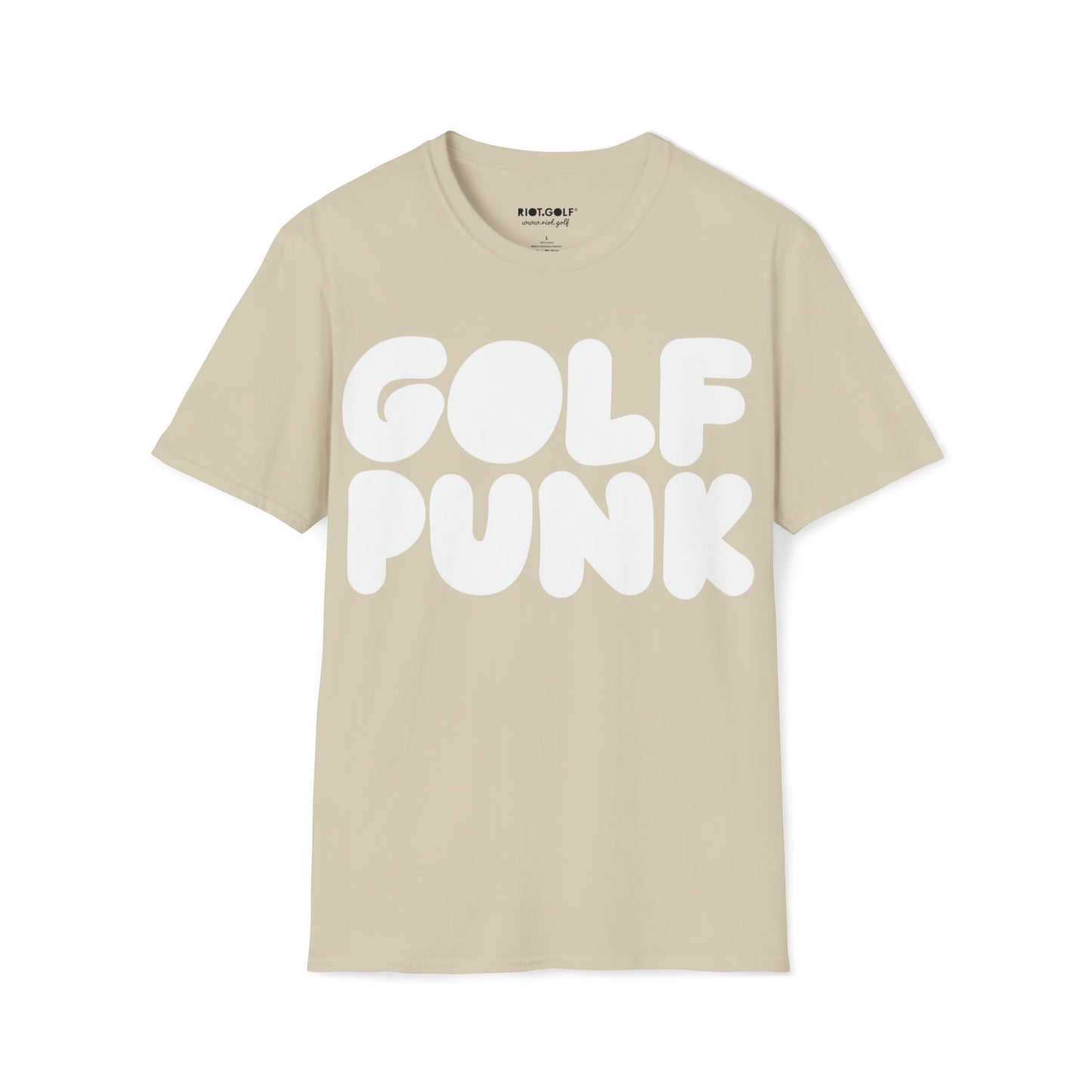 Golf T shirt in sand beige with white golf punk graphics